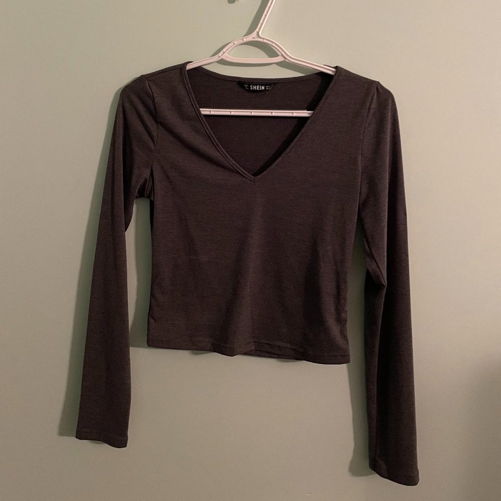Gray V Neck Crop Long Sleeve